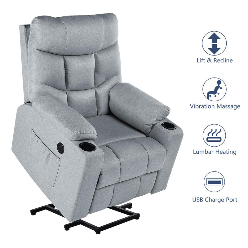 Power Lift Chair Electric Recliner for Elderly Heated Vibration Fabric Sofa Living Room Chair with 2 Side Pockets and Cup Holders, USB Charge Port & Remote Control, Gray