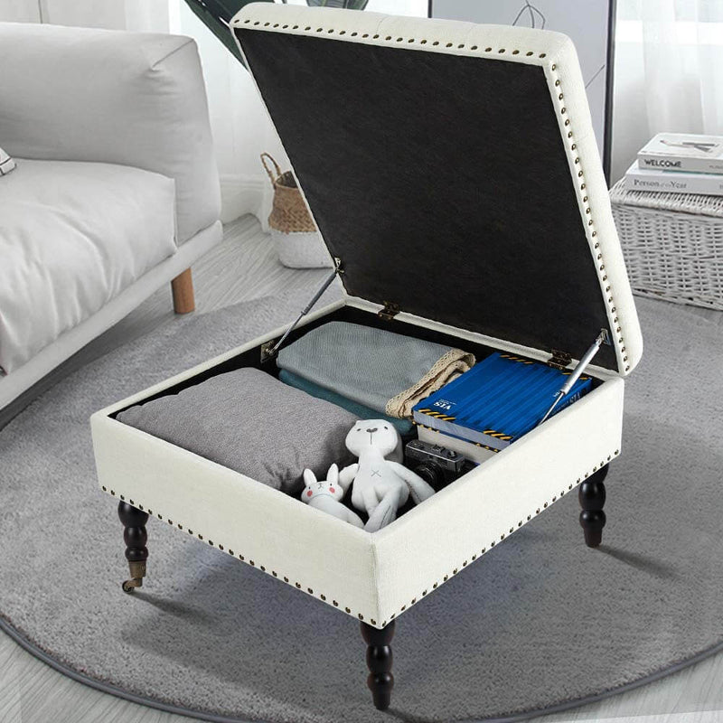 29" Square Tufted Button Storage Ottoman Table Bench with Rolling Wheels Nailhead Trim Linen Fabric Foot Rest Stool/Seat for Bedroom, living Room and Hallway (Beige)