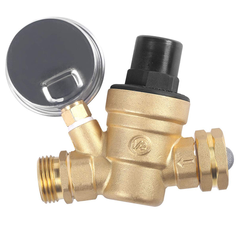 Water Pressure Regulator Brass Lead Free, NH Thread for RV, Adjustable Plumbing with Guage