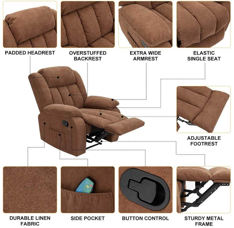 Massage Recliner Chair Fabric Heated Ergonomic Lounge Chair Overstuffed Reclining Chair Single Sofa for Living Room, Remote Control, Chocolate