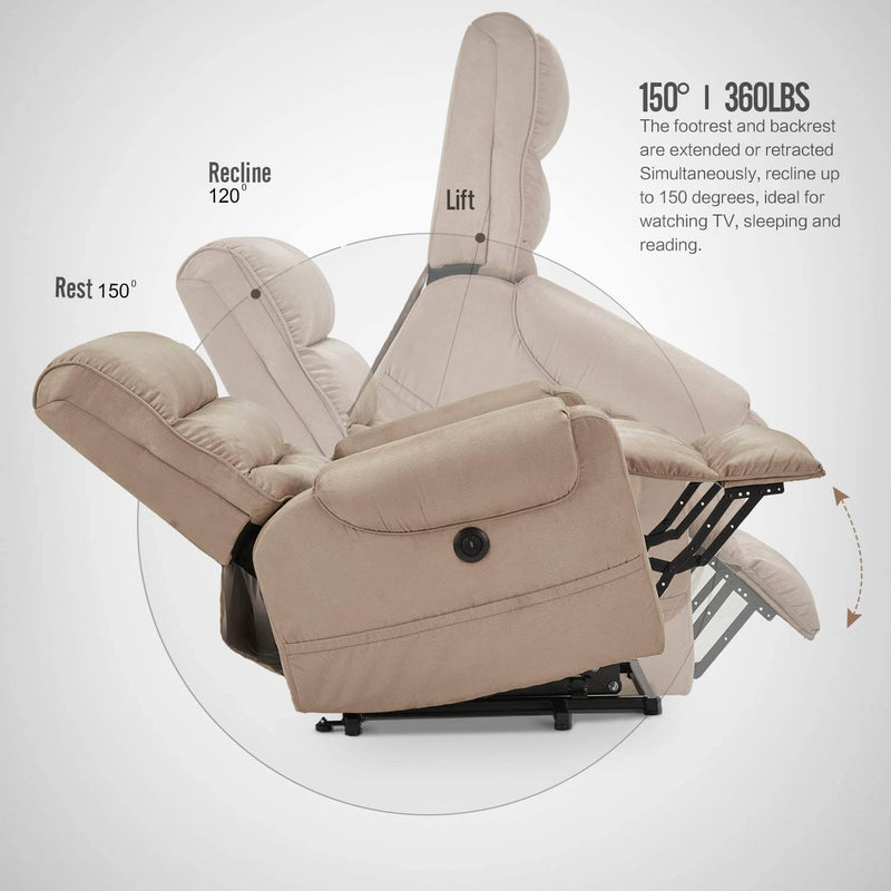 Electric Power Lift Recliner Chair Recliner Sofa for Elderly, Microfiber Recliner Chair with Heated Vibration Massage, 2 Side Pockets and USB Ports, Beige