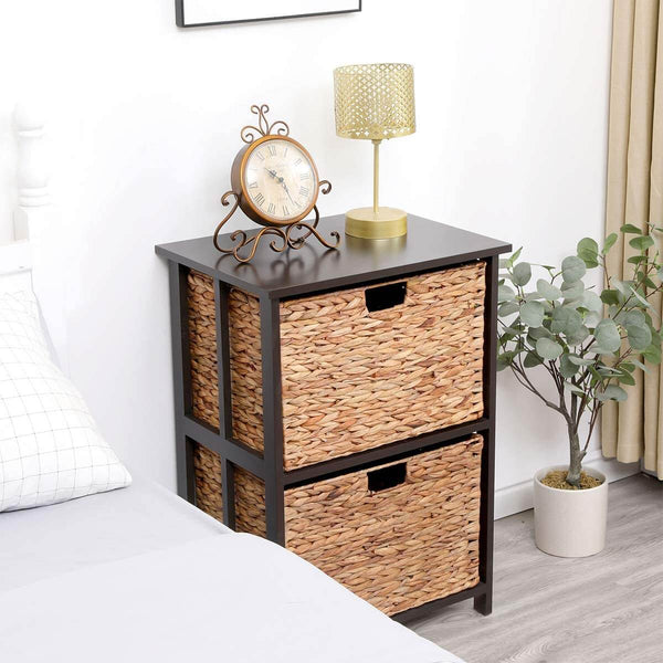 2 Tier with 2 Rattan Wicker Basket Storage Tower,Water Hyacinth Storage Tower Beside Table Storage Organizer End Table for Bathroom