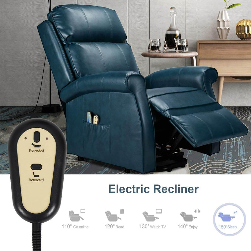 Electric Power Lift Recliner Chair, Faux Leather Electric Recliner for Elderly with Heated Vibration Massage, Side Pocket & Remote Control, Blue