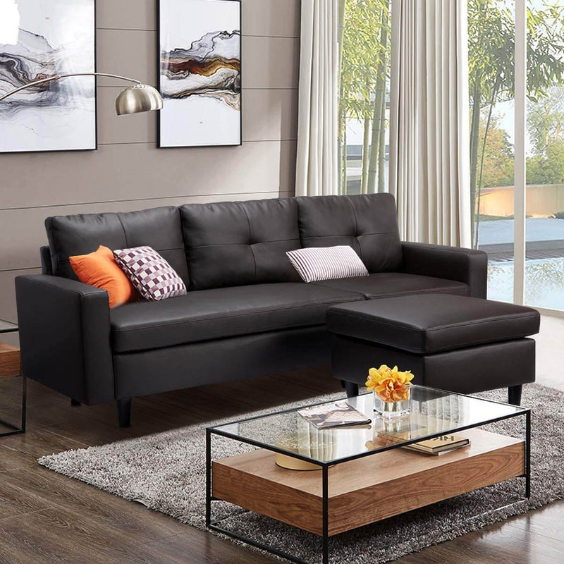 Faux Leather Sectional Sofa Convertible Couch Black Leather L-Shape Couch for Small Space Apartment