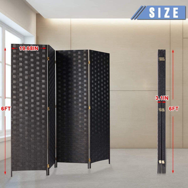 4 Panels Room Divider, 6 FT Tall Weave Fiber Room Divider, Double Hinged, Folding Privacy Screens, Freestanding Room Dividers, Black