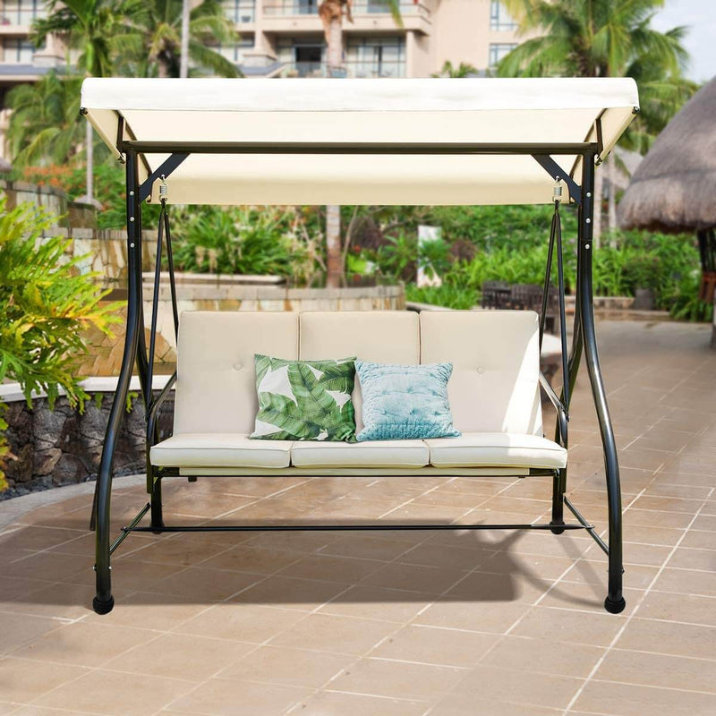 3 Person Patio Porch Swing Outdoor Swing Chair with Adjustable Canopy Weather Resistant Steel Frame & Padded, Beige