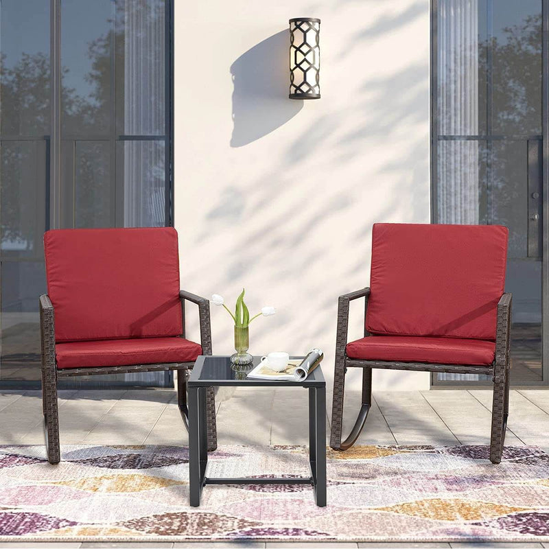 3 Pcs Patio Wicker Rocking Chair Bistro Set Outdoor Conversation Set w/ Cushion & Coffee Table, Red