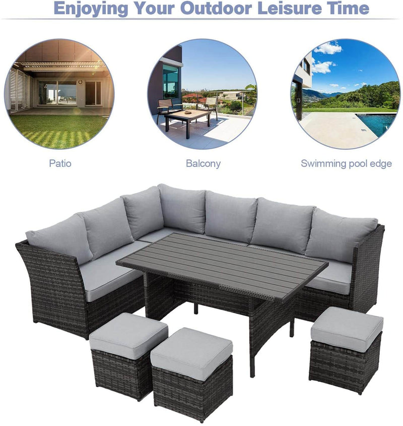 7 Pcs Patio Rattan Dining Sets Outdoor Sectional Sofas with Ottoman