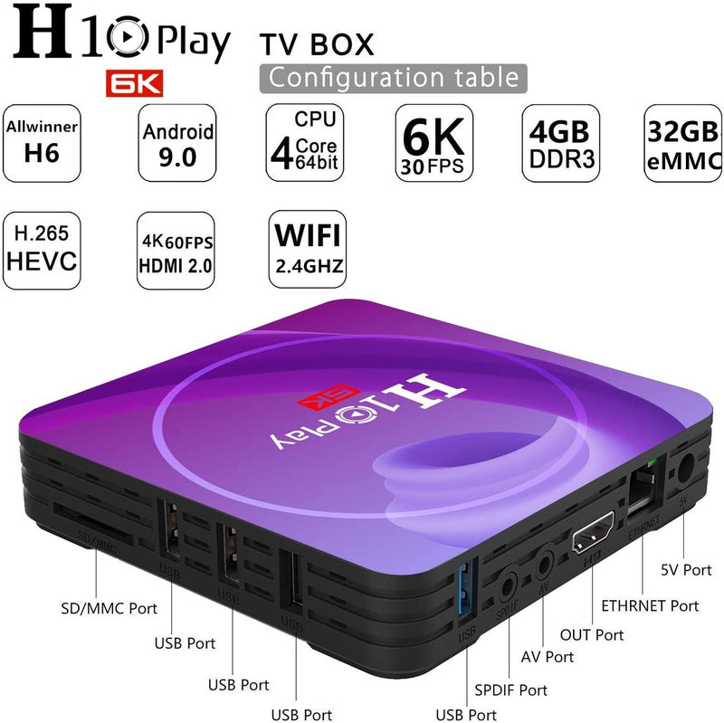 H10 Play Android 9.0 Smart TV Box 8K Resolution 4GB RAM 32GB/64GB ROM WiFi ALLwinner H6 TV Box 6K Quad Core DMI2.0 USB3.0