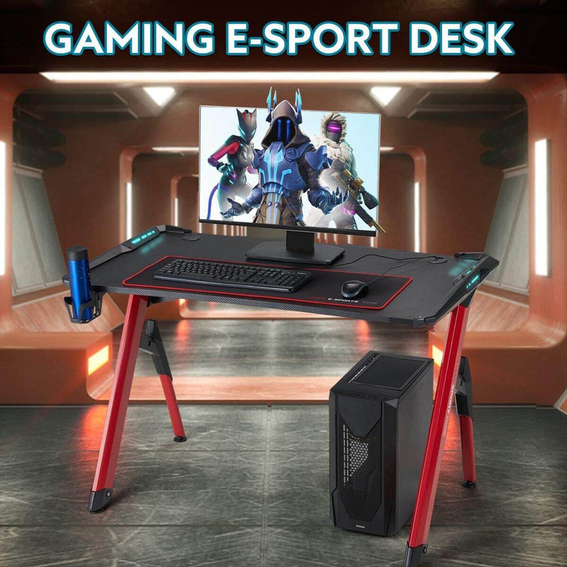 47" Ergonomic Gaming Desk Home Office Desk RGB LED Light PC Computer Table with Cup Holder & Headphone Hook, Racing Gaming Table, Red