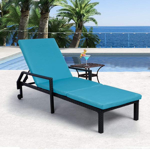 Adjustable Outdoor Chaise Lounge Chair Rattan Wicker Patio Lounge Chair with Cushion and Wheels,Black