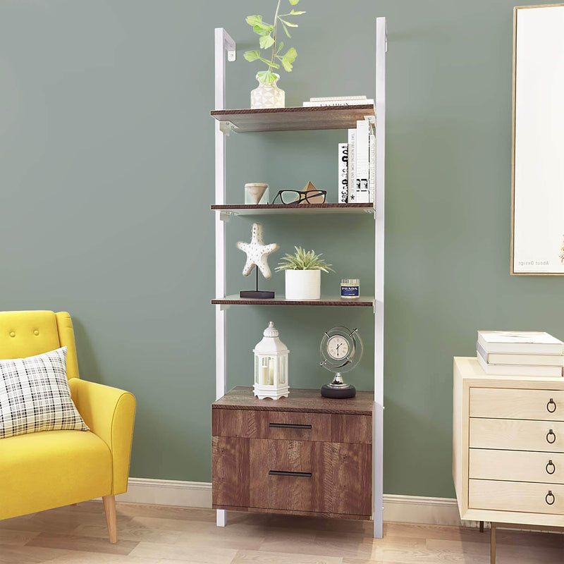 Wall Mounted Industrial 3-Tier Bookshelf with 2 Wood Drawers & Matte Steel Frame Ladder Shelf Bookcase, White