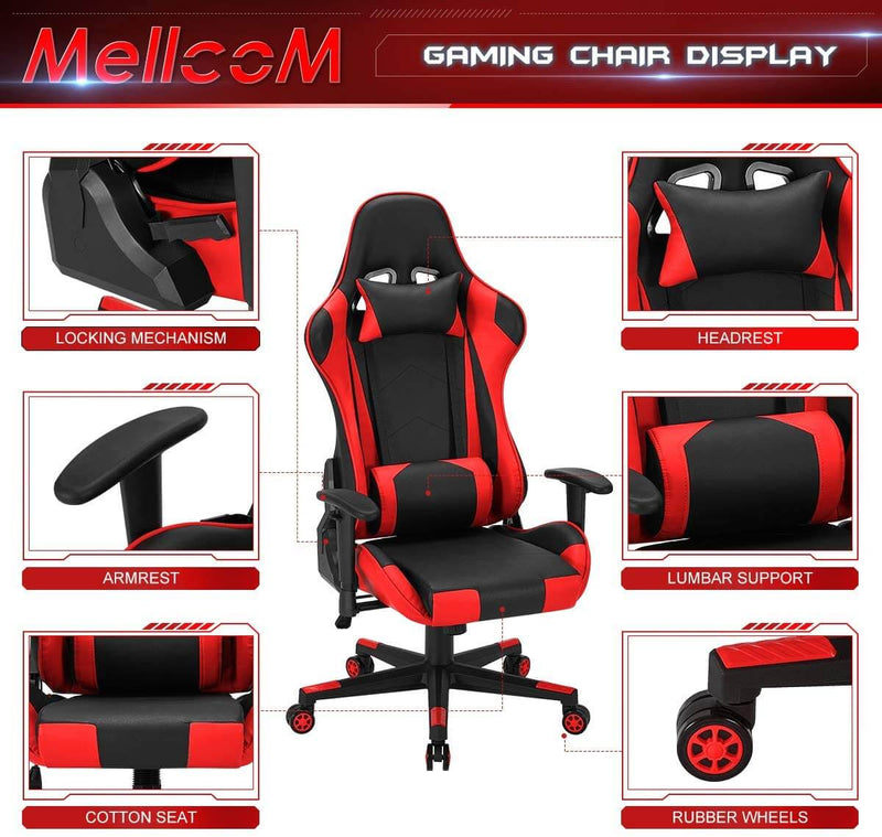 Gaming Chair Racing Office Chair, Ergonomic High Back Desk Chair Height Adjustment Swivel Rocker with Headrest and Lumbar Support Pillow (Red)