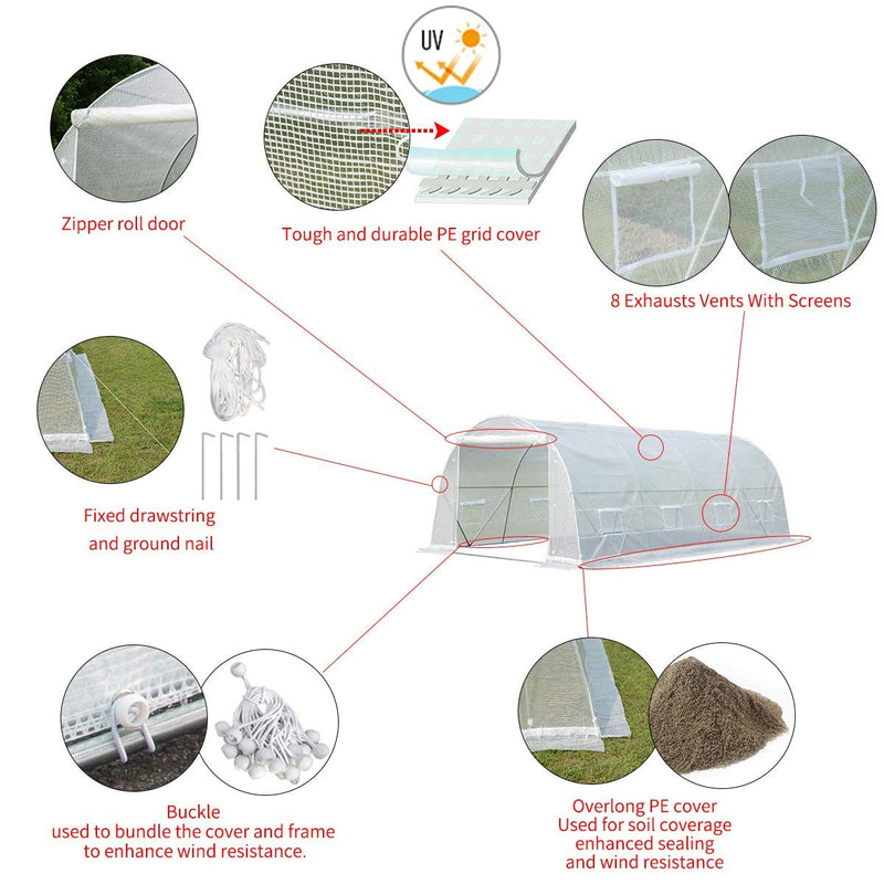 20' x 10' x 7' Tunnel Greenhouse Walking in Greenhouse, Large Grow Greenhouse Plant Hot House, White