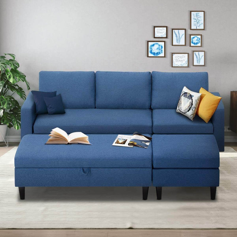 Sectional Sofa with Ottoman and Chaise Lounge, 3-Seat Living Room Furniture Sets, L-Shape Couch Sofa for Living Room, Blue