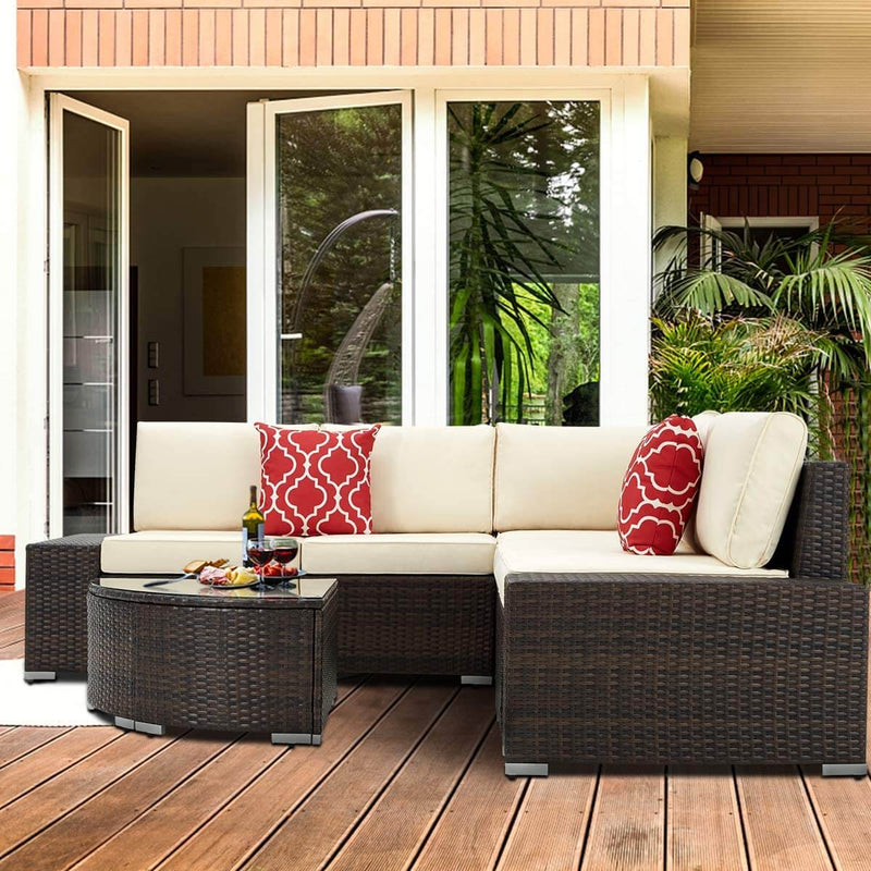 6 Pcs Outdoor Sectional Furniture Set, Patio PE Rattan All Weather Wicker Sofa Set with Cushions Arc-Shaped Table, Brown