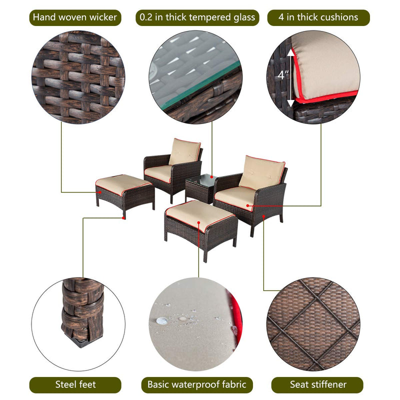 5 Pcs Patio Furniture Set Outdoor Chair and Ottoman Set with Cushions & Side Table PE Wicker Rattan
