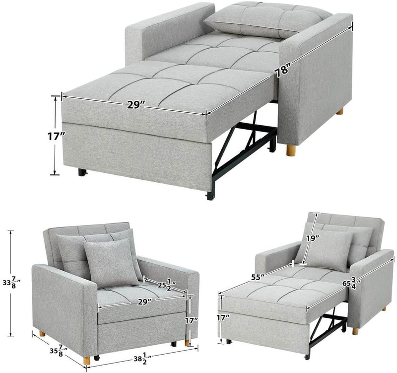 Sofa Bed 3-in-1 Convertible Chair Multi-Functional Adjustable Recliner, Sofa, Bed, Modern Linen Fabric, Light Gray