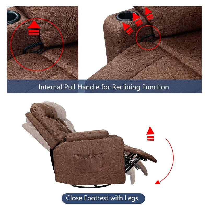 Coffee Fabric Massage Recliner Chair 360 Degrees Swivel Heated Ergonomic Lounge Chair