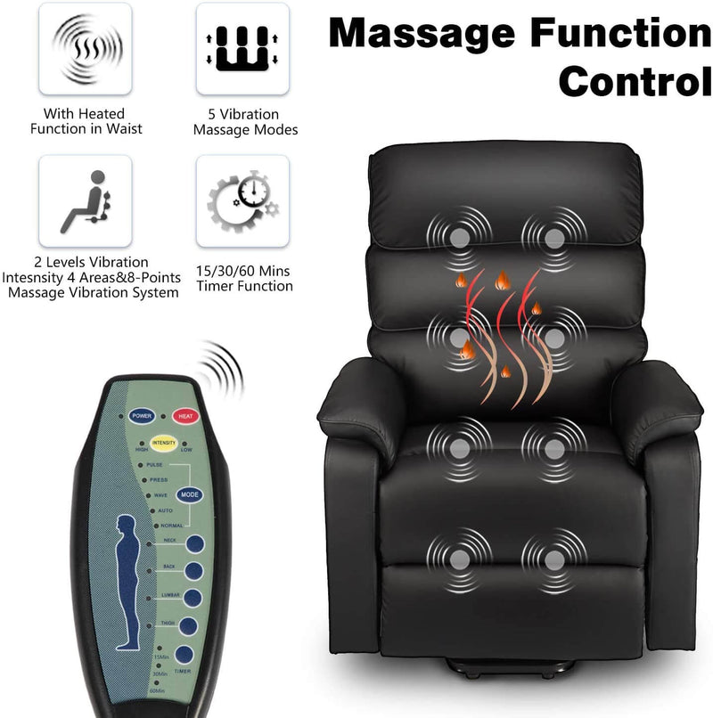 Electric Power Recliner Lift Chair Dual Motor Faux Leather Electric Recliner for Elderly, Heated Vibration Massage Sofa with Side Pockets & Remote Control, Black