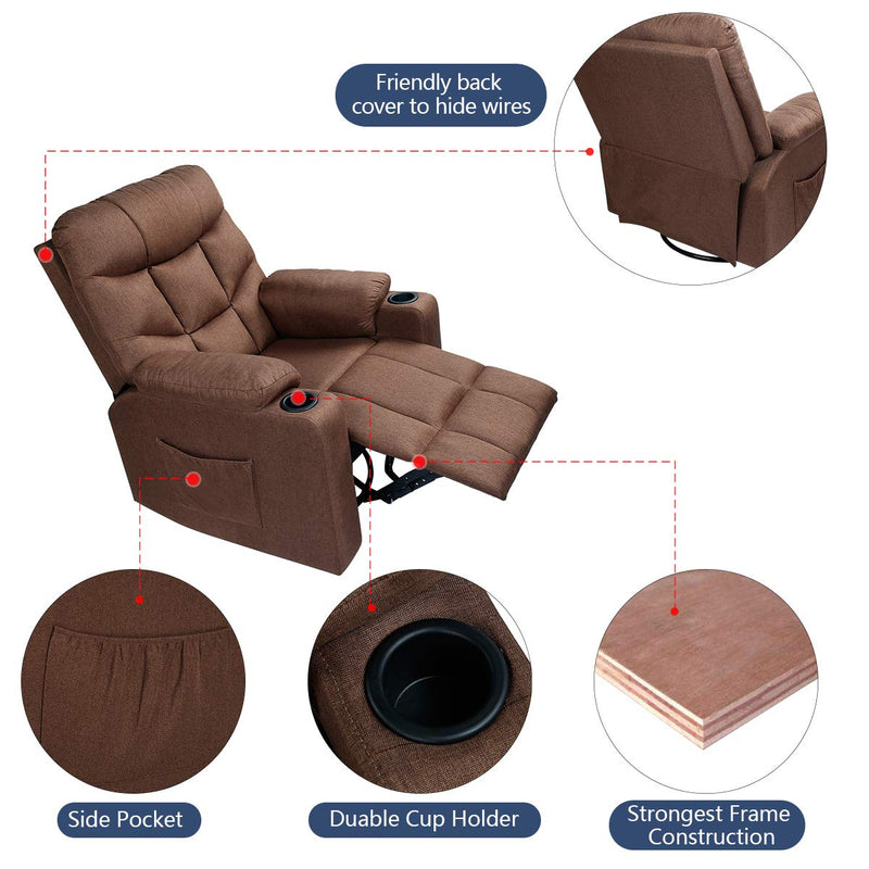 Coffee Fabric Massage Recliner Chair 360 Degrees Swivel Heated Ergonomic Lounge Chair