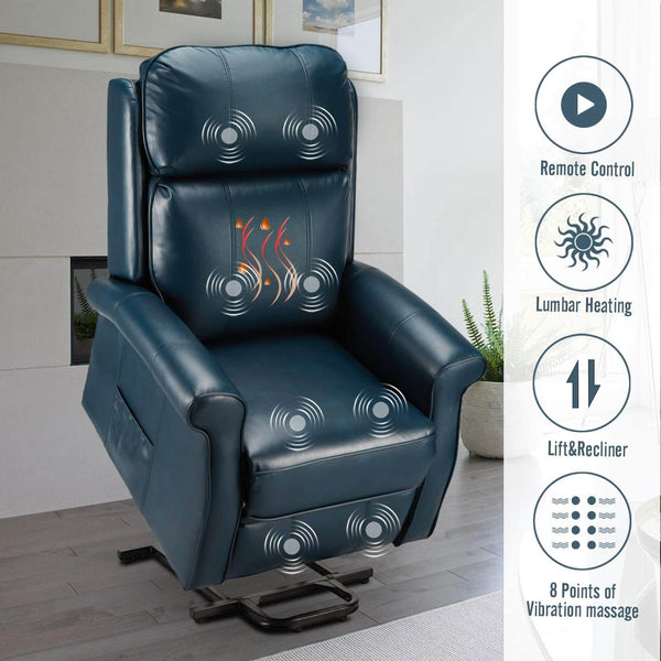 Electric Power Lift Recliner Chair, Faux Leather Electric Recliner for Elderly with Heated Vibration Massage, Side Pocket & Remote Control, Blue