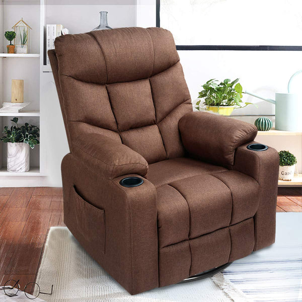 Coffee Fabric Massage Recliner Chair 360 Degrees Swivel Heated Ergonomic Lounge Chair