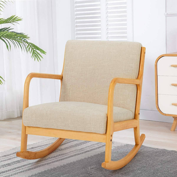 Fabric Rocking Chair, Mid-Century Glider Rocker with Padded Seat, with Ottoman, Seat Wood Base, Linen Accent Chair for Living Room