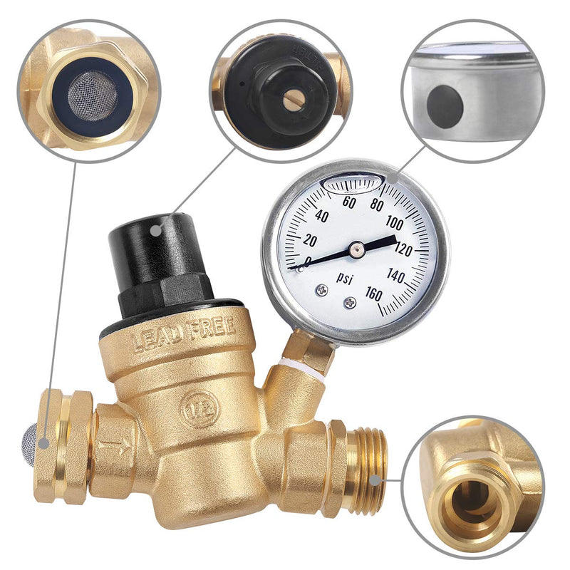 Water Pressure Regulator Brass Lead Free, NH Thread for RV, Adjustable Plumbing with Guage