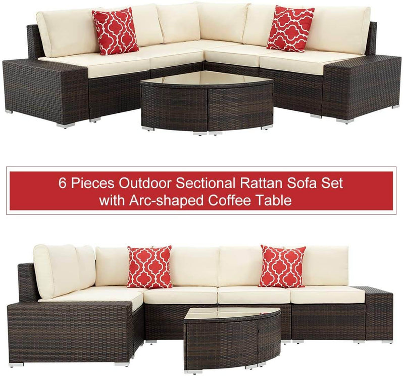 6 Pcs Outdoor Sectional Furniture Set, Patio PE Rattan All Weather Wicker Sofa Set with Cushions Arc-Shaped Table, Brown