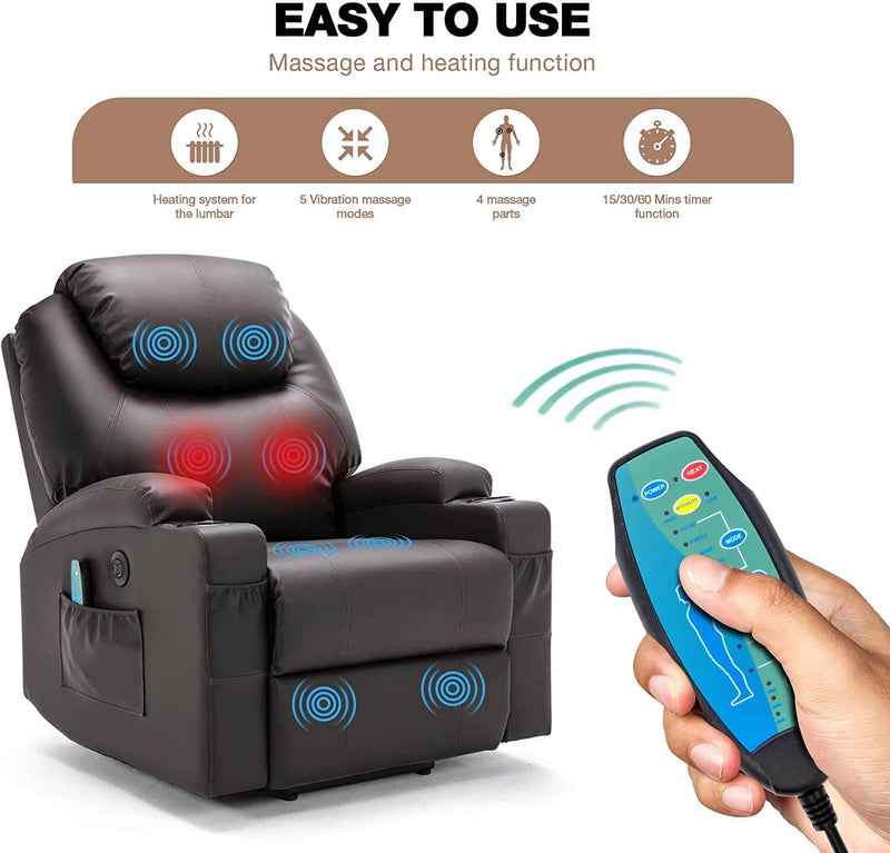 Power Lift Recliner Chair with Massage & Heat for Elderly, Leather Electric Recliner with 4 Side Pockets, Cup Holders & USB Port (Brown)