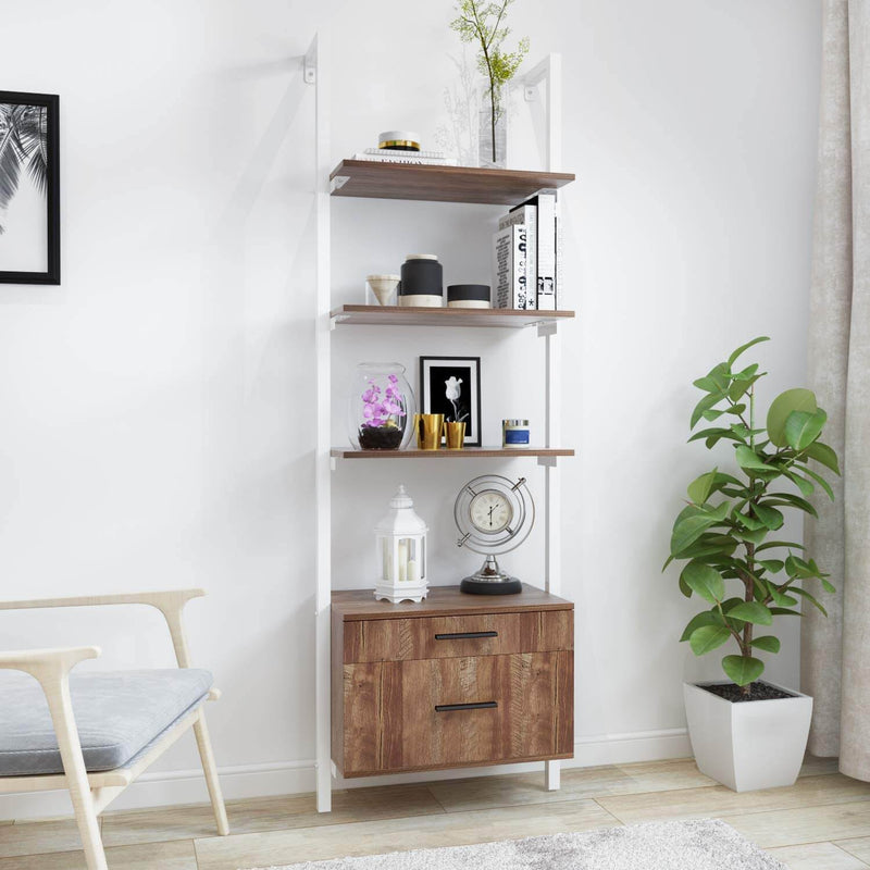 Wall Mounted Industrial 3-Tier Bookshelf with 2 Wood Drawers & Matte Steel Frame Ladder Shelf Bookcase, White