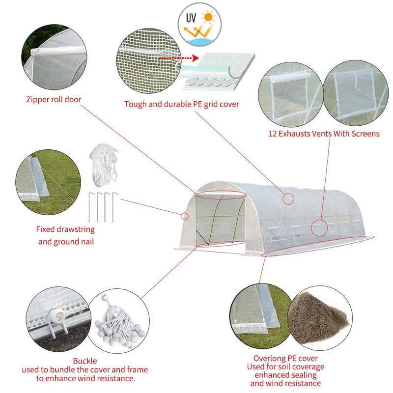 26' x 10' x 7' Large Tunnel Greenhouse, Walking in Hoop Greenhouse, Plant Hot House , White