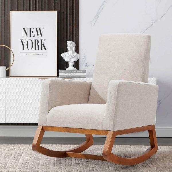 Rocking Chair Mid Century Accent Chair Glider Rocker, Seat Wood Base, High Back Linen Armchair, Beige