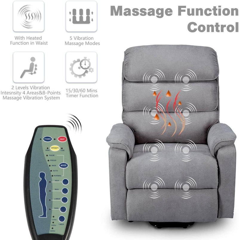 Dual Motor Electric Power Recliner Lift Chair, Linen Fabric Electric Recliner for Elderly, Heated Vibration Massage Sofa with Side Pockets & Remote Control, Gray