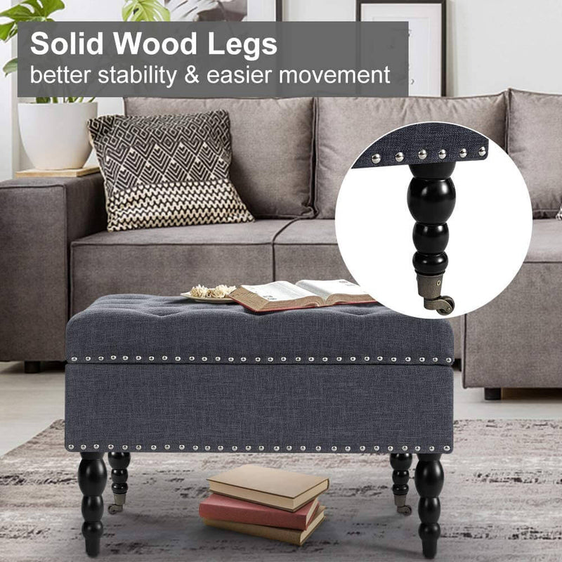 29" Square Tufted Button Storage Ottoman Table Bench with Rolling Wheels Nailhead Trim Linen Fabric Foot Rest Stool/Seat for Bedroom, living Room and Hallway (Gray)