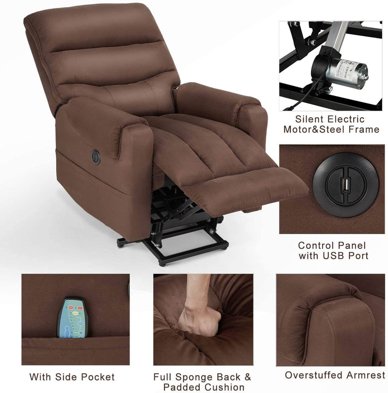 Electric Power Lift Recliner Chair Recliner Sofa for Elderly, Microfiber Recliner Chair with Heated Vibration Massage, 2 Side Pockets and USB Ports, Brown