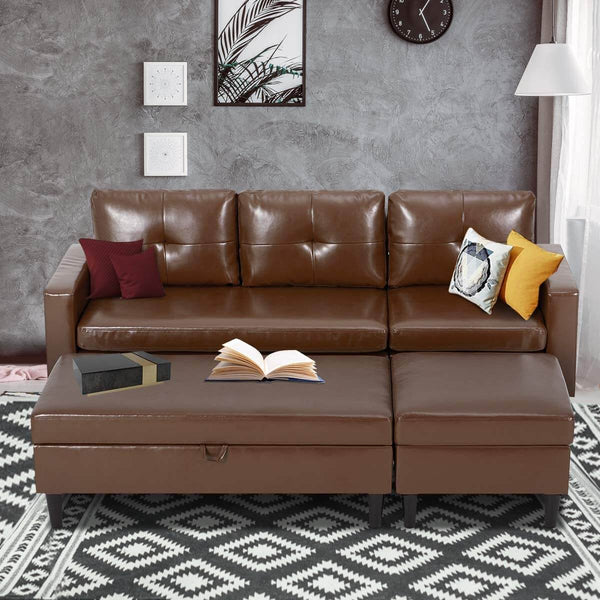 Small Faux Leather Sectional Sofa with Storage Ottoman and Chaise Lounge, 3-Seat Living Room Furniture Sets for Small Apartment, Dark Brown