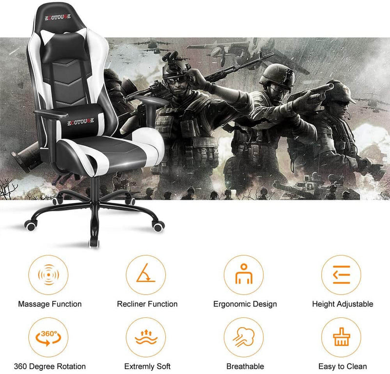 Gaming Chair Massage Ergonomic Office Chair High Back Computer Chair Racing PU Leather Recliner with Headrest & Lumbar Pillow, Black & White