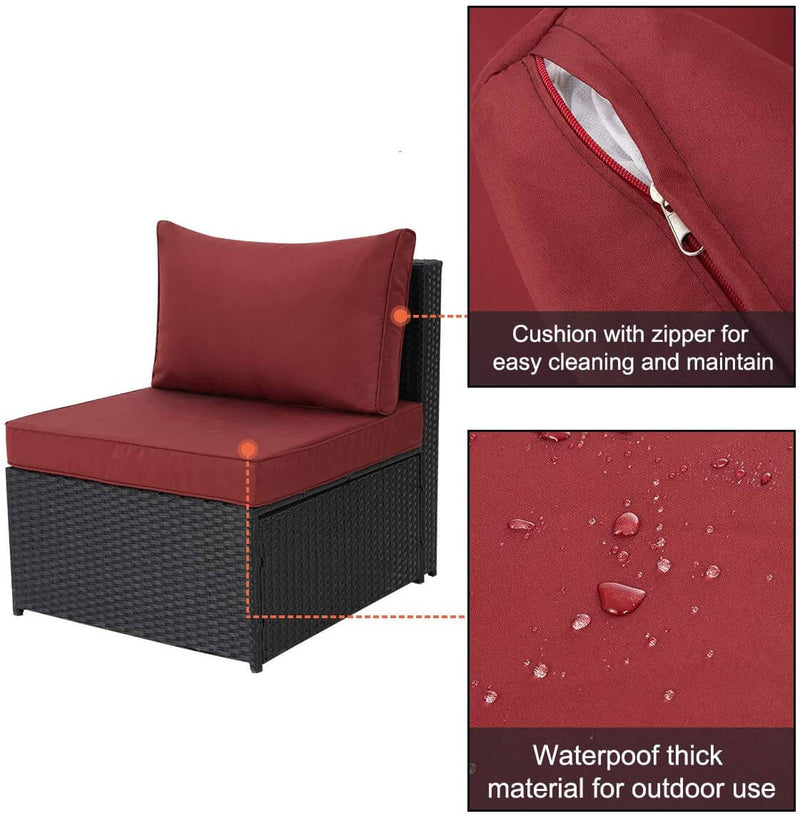 7-Piece Wicker Outdoor Patio Sectional Furniture Set Rattan Patio Conversation Furniture Sets Wicker Sofa Set with Red Cushion