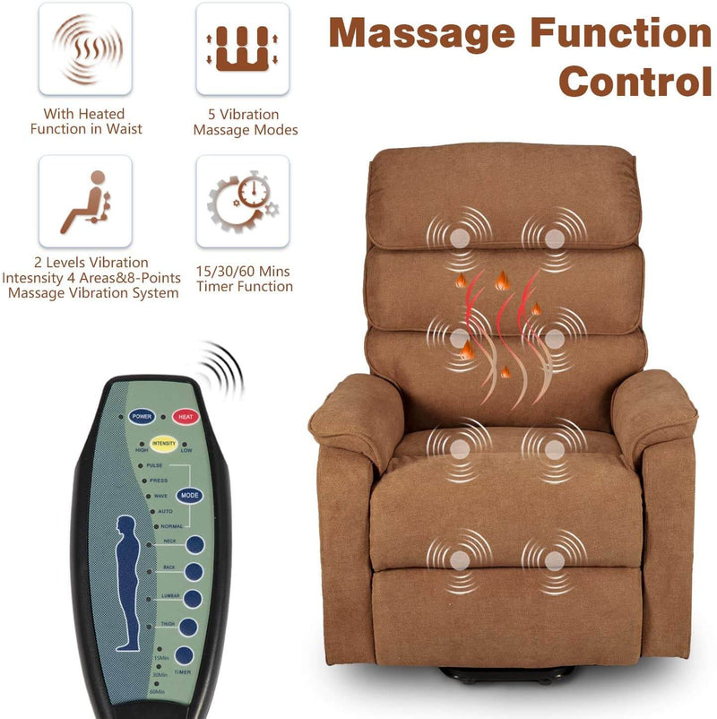 Dual Motor Electric Power Recliner Lift Chair Linen Fabric Electric Recliner for Elderly, Heated Vibration Massage Sofa with Side Pockets & Remote Control, Brown