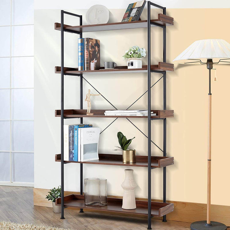 5-Tier Bookcase, Vintage Industrial Style Open Storage Display Shelves Organizer with Metal Frame Rustic Bookshelf for Home Office, Distressed Brown