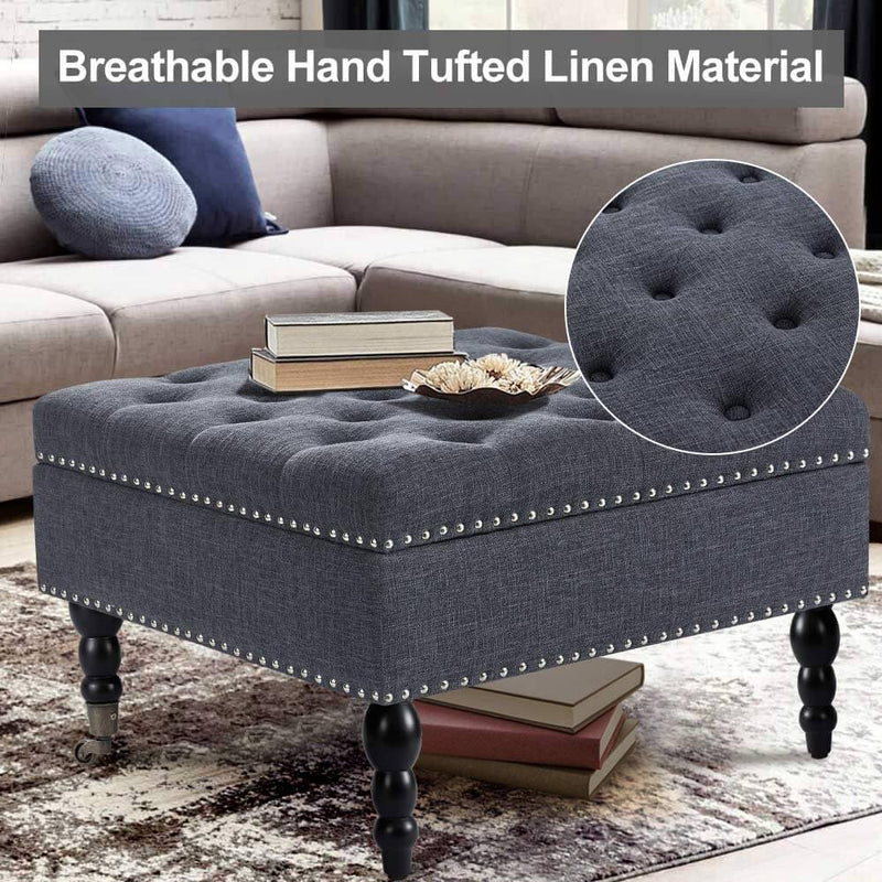 29" Square Tufted Button Storage Ottoman Table Bench with Rolling Wheels Nailhead Trim Linen Fabric Foot Rest Stool/Seat for Bedroom, living Room and Hallway (Gray)