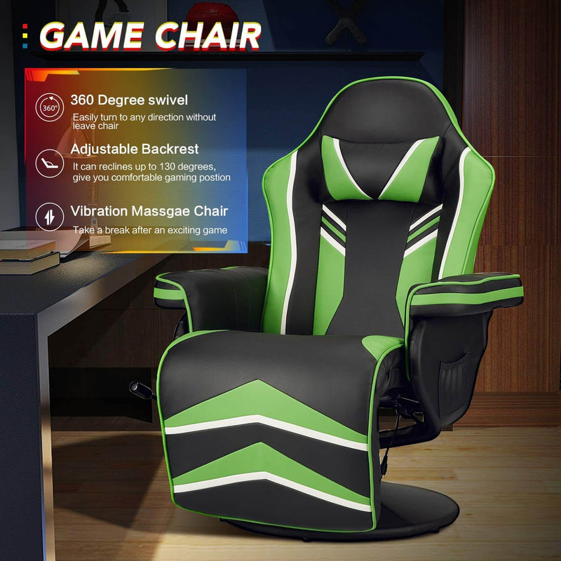 Gaming Chair Recliner Ergonomic Racing Chair with Vibration Massage Adjustable Backrest and Footrest, Swivel Faux Leather Office Chair, Green