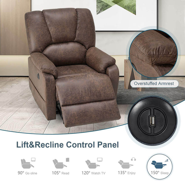 Electric Power Lift Recliner Chair Sofa with Massage and Heat for Elderly, Faux Leather Recliner Chair with Side Pockets & USB Port, Nut Brown