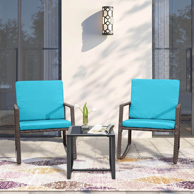 3 Pcs Patio Rocking Bistro Set Wicker Porch Chairs Outdoor Furniture Conversation Set w/ Coffee Table