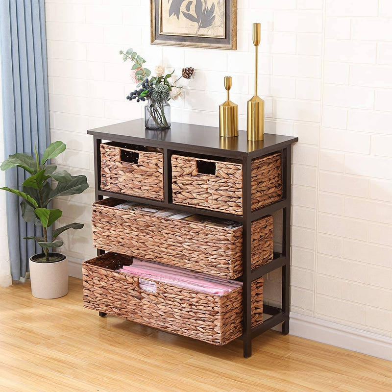3 Tier with 4 Rattan Wicker Basket Storage Tower, Water Hyacinth Storage Tower Beside Table Storage Organizer End Table for Bathroom
