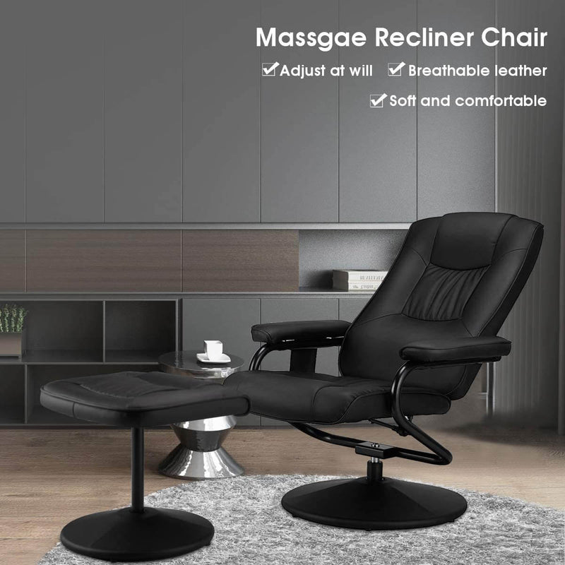 Recliner Chair and Ottoman, 360 Degrees Swivel Ergonomic Faux Leather Lounge Recliner with Footrest, Vibration Massage Lounge Chair with Side Pocket, Black