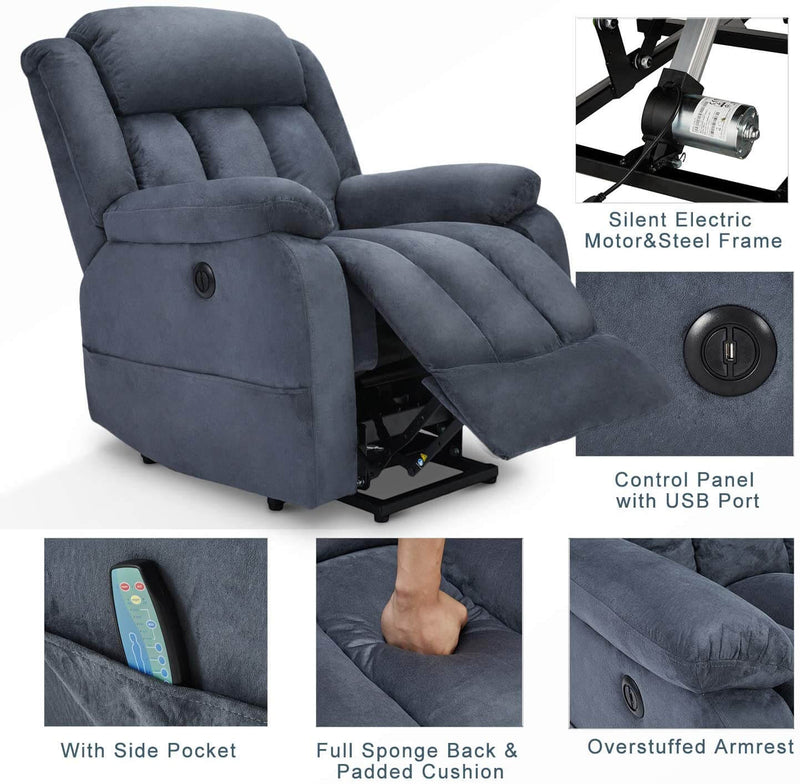 Power Lift Chair Electric Recliner Sofa for Elderly, Microfiber Electric Recliner Chair with Heated Vibration Massage, Side Pocket and USB Port, Blue Gray