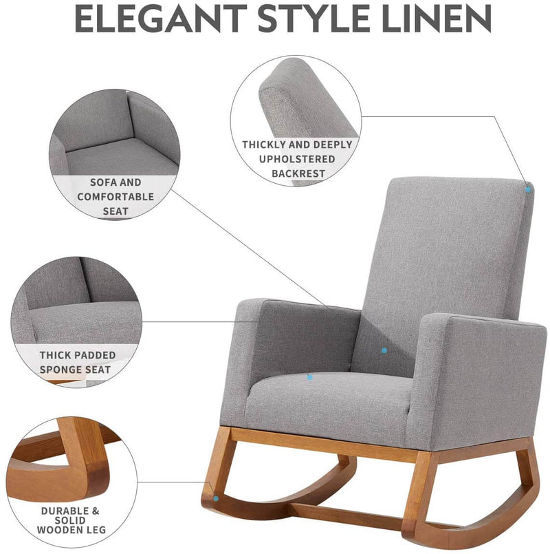 Rocking Chair Mid Century Accent Chair Glider Rocker, Seat Wood Base, High Back Linen Armchair, Gray
